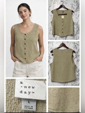 A New Day Women’s Olive Textured Button-Front Tank Top Size L